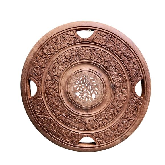 Carved Wood Tray with Inlaid Mother of Pearl Flowers 14.5" - Picture 1 of 7